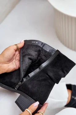 Ocieplane Botki Damskie Z Marszczoną Cholewką Na Niskim Obcasie Czarne Zinanya