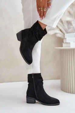 Ocieplane Botki Damskie Z Marszczoną Cholewką Na Niskim Obcasie Czarne Zinanya