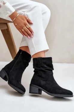 Ocieplane Botki Damskie Z Marszczoną Cholewką Na Niskim Obcasie Czarne Zinanya