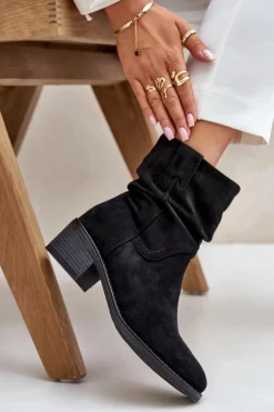 Ocieplane Botki Damskie Z Marszczoną Cholewką Na Niskim Obcasie Czarne Zinanya