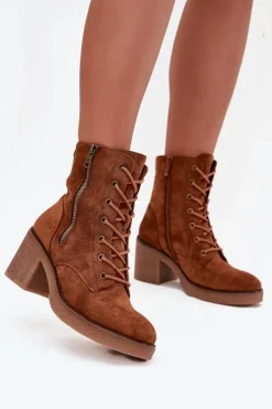 Ocieplane Botki Damskie Ze Sznurowaniem I Suwakami Camel Paressa