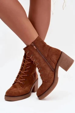 Ocieplane Botki Damskie Ze Sznurowaniem I Suwakami Camel Paressa