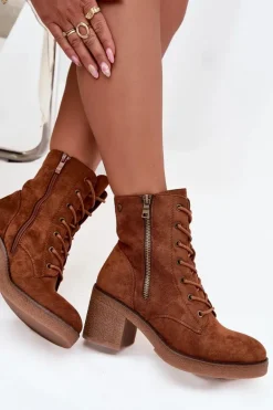 Ocieplane Botki Damskie Ze Sznurowaniem I Suwakami Camel Paressa