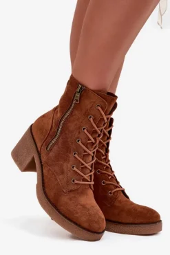 Ocieplane Botki Damskie Ze Sznurowaniem I Suwakami Camel Paressa