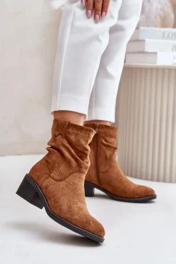 Ocieplane Botki Damskie Z Marszczoną Cholewką Na Niskim Obcasie Camel Zinanya
