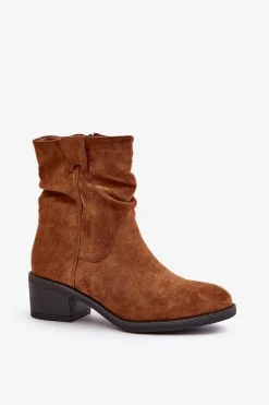 Ocieplane Botki Damskie Z Marszczoną Cholewką Na Niskim Obcasie Camel Zinanya