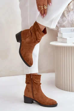Ocieplane Botki Damskie Z Marszczoną Cholewką Na Niskim Obcasie Camel Zinanya