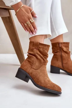 Ocieplane Botki Damskie Z Marszczoną Cholewką Na Niskim Obcasie Camel Zinanya