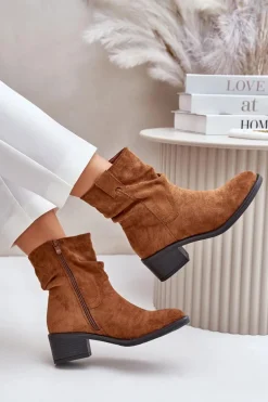 Ocieplane Botki Damskie Z Marszczoną Cholewką Na Niskim Obcasie Camel Zinanya