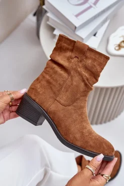 Ocieplane Botki Damskie Z Marszczoną Cholewką Na Niskim Obcasie Camel Zinanya