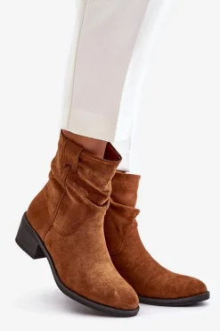 Ocieplane Botki Damskie Z Marszczoną Cholewką Na Niskim Obcasie Camel Zinanya