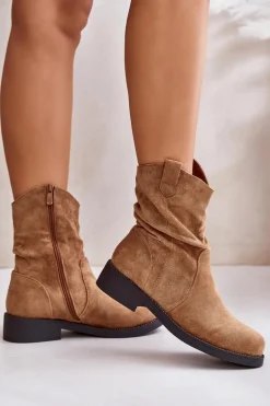Ocieplane Botki Damskie Z Marszczeniem I Zdobieniem Camel Etteara