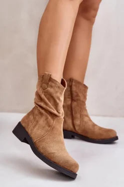 Ocieplane Botki Damskie Z Marszczeniem I Zdobieniem Camel Etteara