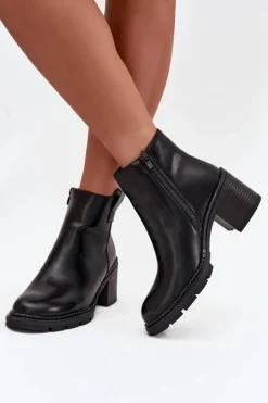 Ocieplane Botki Damskie Z Eko Skóry Na Obcasie Czarne Alvena