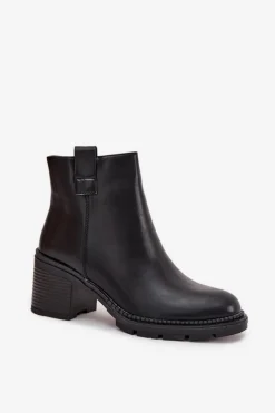 Ocieplane Botki Damskie Z Eko Skóry Na Obcasie Czarne Alvena