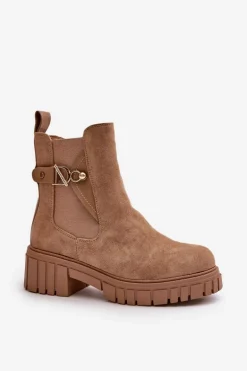 Ocieplane Botki Damskie Ze Złotym Detalem Eko Zamszowe Beżowe Bervena