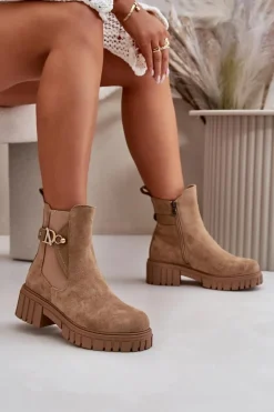 Ocieplane Botki Damskie Ze Złotym Detalem Eko Zamszowe Beżowe Bervena