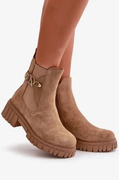 Ocieplane Botki Damskie Ze Złotym Detalem Eko Zamszowe Beżowe Bervena