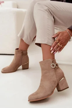 Ocieplane Botki Damskie Ze Złotymi Detalami Na Słupku Beżowe Dorisse