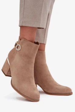 Ocieplane Botki Damskie Ze Złotymi Detalami Na Słupku Beżowe Dorisse