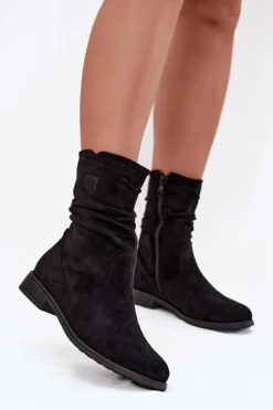Ocieplane Botki Damskie Z Marszczoną Cholewką Na Płaskim Obcasie Czarne Krisia