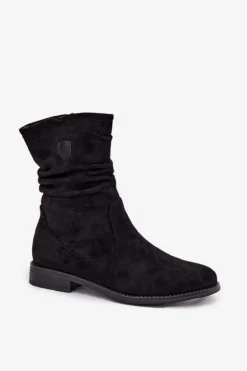Ocieplane Botki Damskie Z Marszczoną Cholewką Na Płaskim Obcasie Czarne Krisia