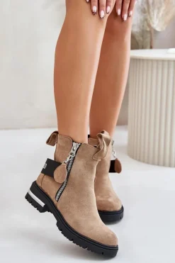 Ocieplane Botki Damskie Z Suwakiem Brązowe Calvaro