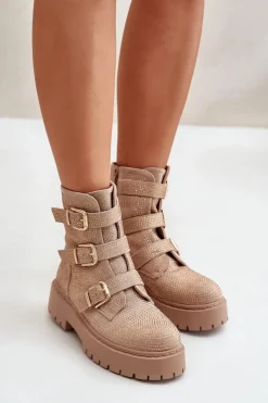 Ocieplane Botki Damskie Ze Zdobieniem Beżowe Ciascia