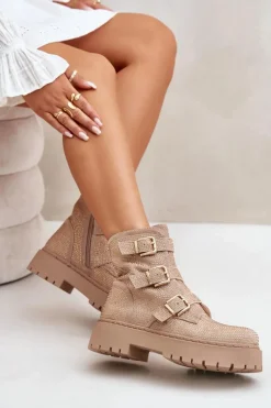 Ocieplane Botki Damskie Ze Zdobieniem Beżowe Ciascia