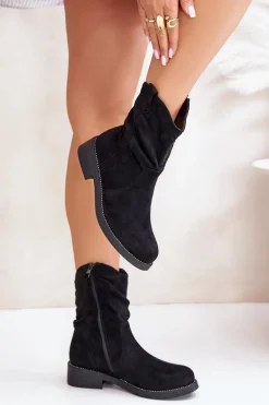 Ocieplane Botki Damskie Z Marszczeniem I Zdobieniem Czarne Etteara