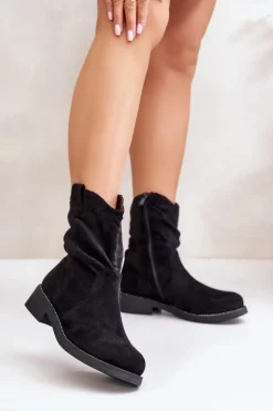Ocieplane Botki Damskie Z Marszczeniem I Zdobieniem Czarne Etteara