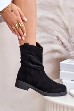 Ocieplane Botki Damskie Z Marszczeniem I Zdobieniem Czarne Etteara