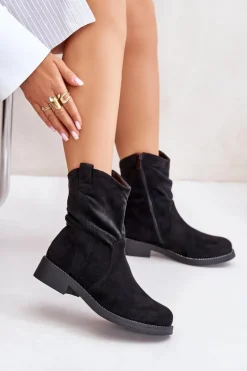 Ocieplane Botki Damskie Z Marszczeniem I Zdobieniem Czarne Etteara