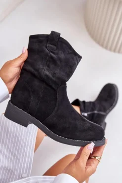 Ocieplane Botki Damskie Z Marszczeniem I Zdobieniem Czarne Etteara