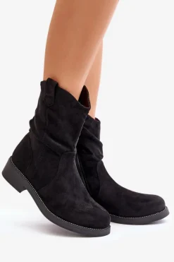 Ocieplane Botki Damskie Z Marszczeniem I Zdobieniem Czarne Etteara