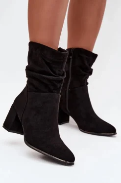 Ocieplane Botki Damskie Z Marszczeniem Na Słupkowym Obcasie Czarne Ivressa