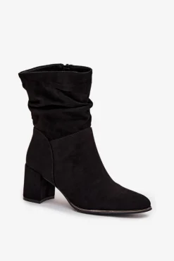 Ocieplane Botki Damskie Z Marszczeniem Na Słupkowym Obcasie Czarne Ivressa