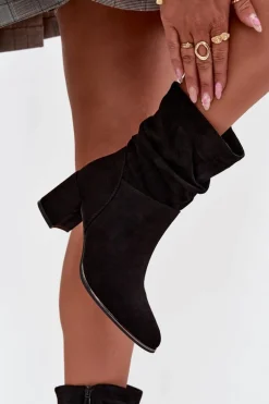 Ocieplane Botki Damskie Z Marszczeniem Na Słupkowym Obcasie Czarne Ivressa