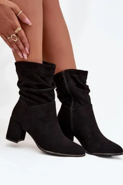 Ocieplane Botki Damskie Z Marszczeniem Na Słupkowym Obcasie Czarne Ivressa