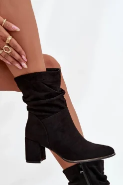 Ocieplane Botki Damskie Z Marszczeniem Na Słupkowym Obcasie Czarne Ivressa
