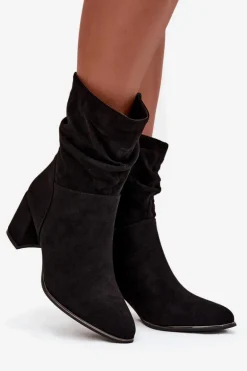 Ocieplane Botki Damskie Z Marszczeniem Na Słupkowym Obcasie Czarne Ivressa