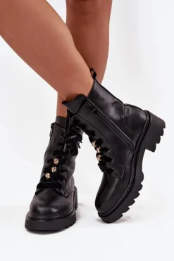 Ocieplane Botki Damskie Z Ozdobnym Sznurowaniem Czarne Elindra