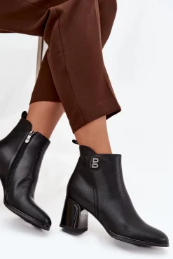 Ocieplane Botki Damskie Z Naturalnej Skóry Na Słupku Czarne Jovelle