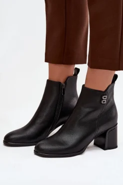 Ocieplane Botki Damskie Z Naturalnej Skóry Na Słupku Czarne Jovelle