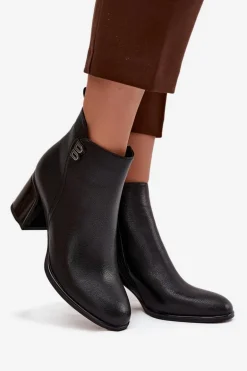 Ocieplane Botki Damskie Z Naturalnej Skóry Na Słupku Czarne Jovelle