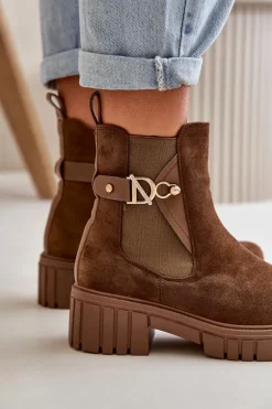 Ocieplane Botki Damskie Ze Złotym Detalem Eko Zamszowe Brązowe Bervena