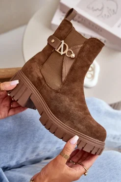 Ocieplane Botki Damskie Ze Złotym Detalem Eko Zamszowe Brązowe Bervena