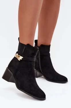 Ocieplane Botki Damskie Ze Złotą Ozdobą Na Klocku Czarne Sarona