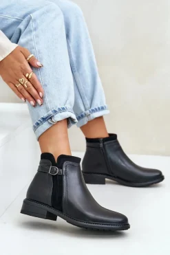 Ocieplane Botki Damskie Z Niską Cholewką Na Zamek Eko Skórzane Czarne Taitha