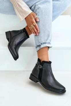 Ocieplane Botki Damskie Z Niską Cholewką Na Zamek Eko Skórzane Czarne Taitha
